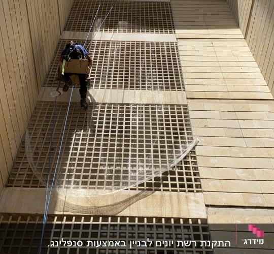 אדם מטפס על רשת להסרת יונים